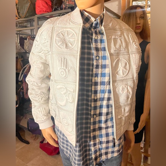 HUDSON Men's White Leather Embossed Peace Love Embroidered Vintage Bomber Jacket